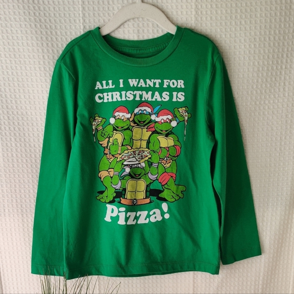 Teenage Mutant Ninja Turtles Boys Green Long Sleeve Christmas Shirt Size Small